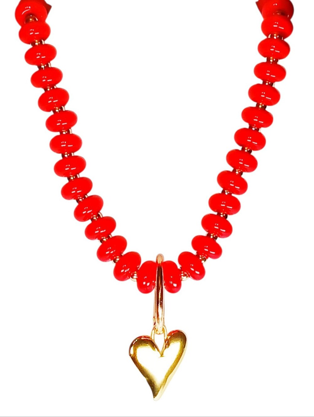 Cherry Red Beaded Necklace Gold Heart Charm Y2k Streetwear Whimsygoth